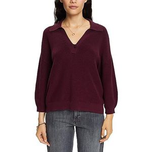 ESPRIT Gebreide trui met polokraag, 100% katoen, aubergine, S