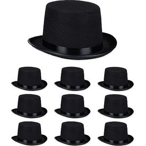 Relaxdays hoge hoed, set van 10, toverhoed dames & heren, hoofdomtrek 58 cm, accesspore voor halloween, carnaval, zwart
