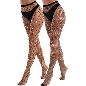VEBZIN 2 stuks Sparkly Large en Medium Mesh Visnet Panty's voor Vrouwen Sexy Glitter Rhinestone Fishnets Kousen, Zwart, one size