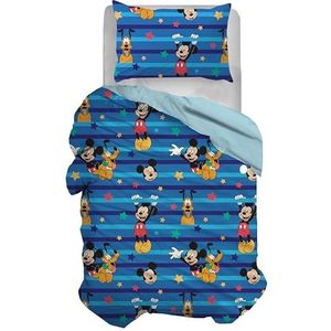 Mickey Mouse Mickey Mouse dekbedovertrekset voor eenpersoonsbed, katoen, blauw, slaapzak 155 x 200 cm, kussensloop 50 x 80 cm, Disney, 100% katoen, officieel product