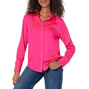 Amazon Essentials Dames klassieke pasvorm satijnen blouse met knoopsluiting (verkrijgbaar in grote maten), neonroze, M