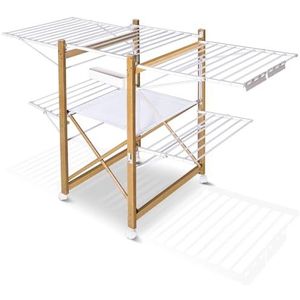 VOUNOT Grote kledingluchter, opvouwbaar droogrek, kledingpaard met 2 niveaus met vleugels en wielen, vrijstaand kledingdroogrek voor binnen en buiten, wit en houtlook