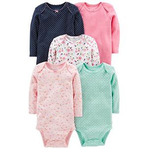 Simple Joys by Carter's Rompertje met lange mouwen voor babymeisjes, 5 stuks, Roze/Navy/Mint Groen, Bloemen, Preemie