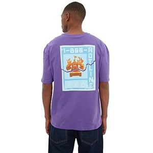 Trendyol Heren lila mannelijk ontspannen fit ronde kraag korte mouwen print T-shirt, paars, medium