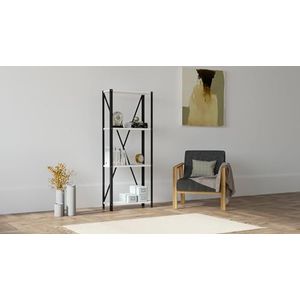 Stijlvolle boekenplank voor aan de muur, wit en zwart, 60 x 149,5 x 29 cm, 100% melamine gecoat deelbord, 18 mm dik, stevig metalen frame, perfect voor moderne woondecoratie