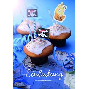 Kinderverjaardag uitnodigingen jongen piraten/muffins met kaarsen in piratenvorm/blauw
