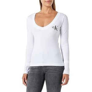 Calvin Klein Jeans Vrouwen Rib V-hals Monologo Lange Mouw L/S Gebreide Tops, Ivoor, XL