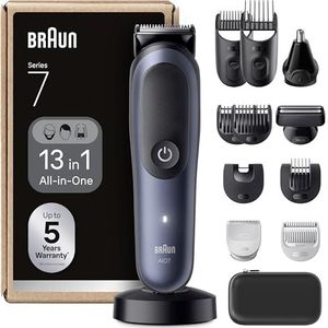 Braun AIO7565 All-in-One Series 7, 13-in-1 multigroomer, tondeuse voor gezicht, hoofd en lichaam, baardtrimmer, neushaartrimmer, 120 min accu, 14 lengtes (3-21 mm), waterdicht, blauw
