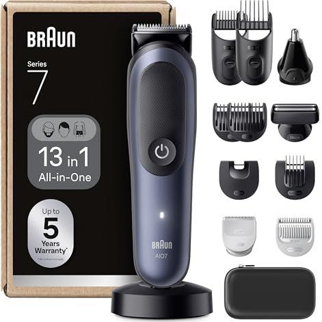 Braun AIO7565 All-in-One Series 7, 13-in-1 multigroomer, tondeuse voor gezicht, hoofd en lichaam, baardtrimmer, neushaartrimmer, 120 min accu, 14 lengtes (3-21 mm), waterdicht, blauw