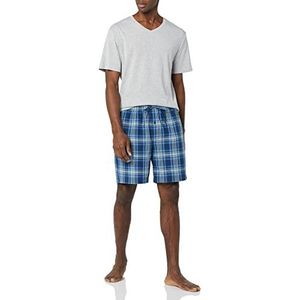 Amazon Essentials Heren katoenen popeline short met katoenen T-shirt pyjamaset, grijs heather/navy plaid, X-Small