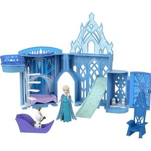 Mattel Disney Frozen Speelgoed, Stapelbaar kasteel van Elsa, poppenhuisspeelset met kleine pop en 8 onderdelen, geïnspireerd op de Disney Frozen films, reisspeelgoed en cadeaus voor kinderen, HLX01
