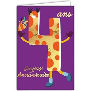 Afie 69-2404 verjaardagskaart, 4 jaar, goud glanzend, gestructureerd, voor kinderen en meisjes, kleurtekst, voor binnen, met enveloppen, gemaakt in Frankrijk, kleurencombinaties