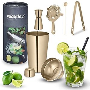 Relaxdays cocktail set - 5-delig - barmaatje - shaker - 500 ml - strainer - roerstaaf- rvs - goud
