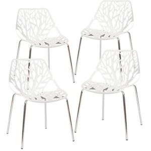 CangLong Set van 4 moderne kunststof tuinstoelen, holle stapelbare stoel met metalen poten voor keuken en eetkamer, enkel, wit