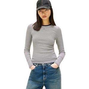 Tommy Jeans Dames TJW Slim Essential Rib LS DW0DW17387 L/S T-shirt, zwart (zwart/ecru streep), L, Zwart (Zwart/Ecru Streep), L