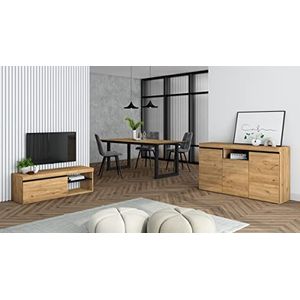 Skraut Home - Woonkamermeubelset | Tafel 200 Front Zwart Tafelpoten U 10 gasten | TV Kast 120 | Sideboard/Buffetkast 140 | Eiken en Zwart | Industriële stijl