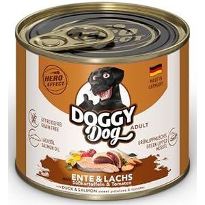 DOGGY Dog Paté eend en zalm, 6 x 200 g, nat voer voor honden, graanvrij hondenvoer met zalmolie en groenlipmossel, compleet voer met zoete aardappel en tomaat, Made in Germany