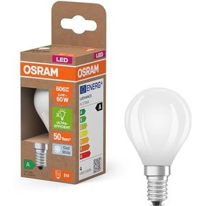 OSRAM Energy Class LED-lamp in klassieke minibolvorm, 3,8 W / 806 lm, EEK A, koud wit licht (4000 K), CRI 80, gemaakt van mat loodvrij glas, E14 fitting, IP20, 45 mm DM, 6 stuks