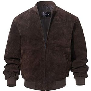 FLAVOR Men's Leather Baseball Jacket Vintage Suede Pigskin. (Medium, Dark Brown)