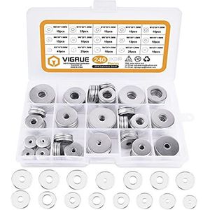 VIGRUE 240 stuks platte sluitringen, sluitringen, assortiment 7 maten, M3, M4, M5, M6, M8, M10, M12, borgringen van 304 roestvrij staal in assortimentsdoos
