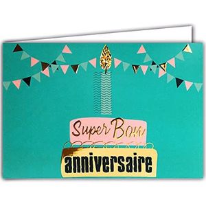 Afie 69-5123 Super Bon Anniversary in glanzend goud, slinger in turquoise, roze, met envelop, formaat gesloten kaart, 17 x 11,5 cm