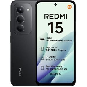 Xiaomi Redmi 15, Smartphone 6+128GB, 6.9"" FHD+ 144Hz DotDisplay, Snapdragon 685, 50MP AI dual camera, 7000mAh Battery, Midnight Black, Charger Not Included