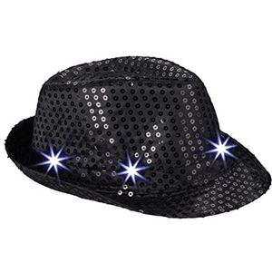 Relaxdays pailletten hoed, 6 knipperende LEDs, one size, feesthoed glitter, carnaval, partyhoed, fedora hoed, zwart