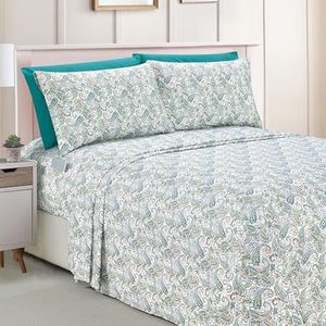 Elegant Comfort Amelia Paisley bedrukte 6-delige lakenset, diepe zak 1500 premium hotelkwaliteit, kleur- en kreukbestendig, hoeslaken met slimme zakken, paisley lakenset, King, groenblauw