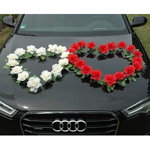 Dubbel hart autosieraad bruidspaar roos deco decoratie autodecoratie bruiloft car auto wedding deco ratan (rood/ecru)