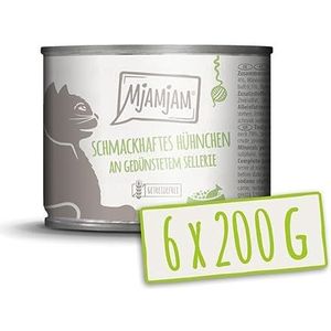 MjAMjAM - Premium natvoer voor katten - smakelijke kip met gestoofde selderij, pak van 6 (6 x 200 g), graanvrij met extra vlees