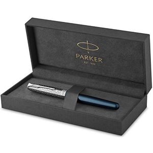 PARKER Sonnet Vulpen | Premium metalen en blauwe satijnen afwerking met chromen afwerking | Medium 18k gouden penpunt met zwarte inktcartridge | Geschenkdoos
