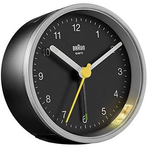 Braun Kwartswekker in de kleur zwart-zilver met Crescendo-alarm, sluimerfunctie en verlichting, BC12SB, 7,5 x 7,5 x 3,5 cm