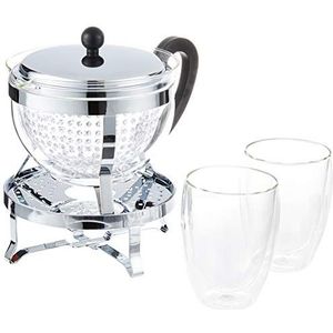 Bodum Chambord Rechaud Theebereider, 1,3 liter, inclusief 2 stuks dubbelwandige glazen Pavina theebereider, 16,8 x 23,1 x 22,3 cm