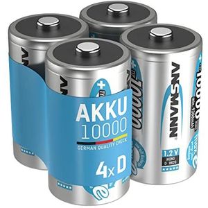 ANSMANN Accu D 10.000 mAh NiMH 1,2 V (4 stuks) - oplaadbare mono D-batterijen, hoge capaciteit en maxE geringe zelfontlading voor een hoog stroomverbruik en jarenlang gebruik