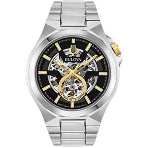 Bulova Heren analoog automatisch horloge met roestvrijstalen armband 98A224, zilver/zwart, armband