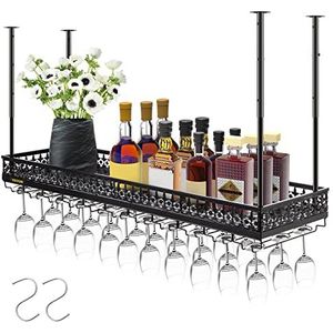VEVOR Plafond Wijnglasrek, 47 x 33 cm hangend wijnglasrek, 48-90,9 cm in hoogte verstelbare hangende wijnrekkast, zwart wandgemonteerde wijnglazen rek perfect voor bar, café, keuken