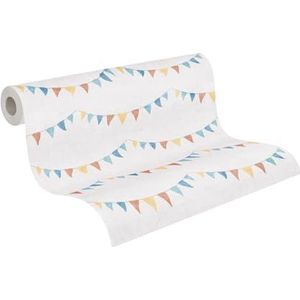 Kinderkamerbehang Lilly & Luis by A.S. Création: vliesbehang met vaandeldessin, 10,05 m x 0,53 m, blauw, geel, rood, made in Germany, 771711.