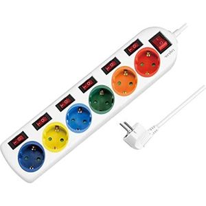 LogiLink LPS259-6-voudige stekkerdoos (CEE 7/3), met 7x aan/uit-schakelaar, met overspanningsbeveiliging + ingebouwde veiligheidsschakelaar (verhoogde aanraakbescherming), kleur: meerkleurig, wit