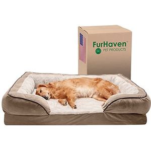 FurHaven XL hondenbed van koelgelschuim, perfect comfort, pluche en fluwelen golven, bankstijl met afneembare wasbare hoes - bruin steen, Jumbo (XL)