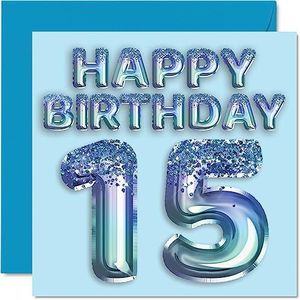 15e verjaardagskaart voor jongens - blauwe glitter feestballon - gelukkige verjaardagskaarten voor 15-jarige jongen kleinzoon zoon broer neef, 145 mm x 145 mm vijftien vijftiende verjaardag