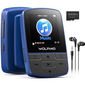 WOLFANG 64 GB MP3-spelers met Bluetooth 5.3, sportclip, mini-formaat, weegt 1 oz, HiFi, FM-radio, spraakrecorder, inclusief oortelefoons
