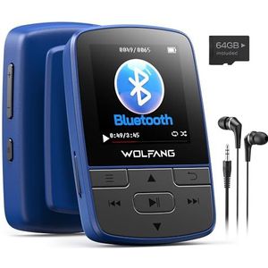 WOLFANG 64 GB MP3-spelers met Bluetooth 5.3, sportclip, mini-formaat, weegt 1 oz, HiFi-luidspreker FM-radio, spraakrecorder, inclusief oortelefoons