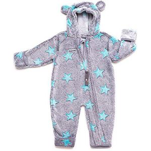 Hoppediz Babyoverall van fleece, extra lange benen, perfect voor babydrager, omslagmanchetten aan handen en voeten, grijs-turquoise 68-74