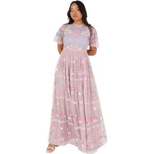 Maya Deluxe Dames Dames Dames Maxi Korte Mouwen Ronde Hals Bloemen Geborduurde Tule Lace A-lijn voor Bruidsmeid Wedding Guest Prom Jurk, frosted pink, 42