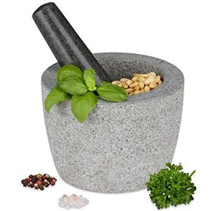 Relaxdays vijzel met stamper, graniet, ronde kruidenstamper, HxØ: 10 x 14 cm, kruiden & specerijen, zware mortier, grijs