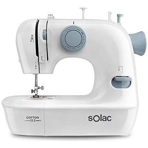 Solac SW8221 Cotton 12.2 naaimachine, 12 steken, eenvoudig koord, vrije arm, verticaal laadsysteem, verlichting in het werkgebied, werkt met en zonder pedaal, draaggreep, wit