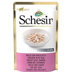 Schesir, Natvoer voor volwassen katten, kippenfilets met ham in zachte gelatine, in totaal 1,7 kg (20 zakjes x 85 g)