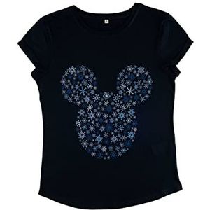 Disney Classics Women's Classic-Mickey Ear Snowflakes Organic Rolled Sleeve T-Shirt, Navy Blue, S, donkerblauw, S
