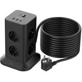 TESSAN - Stekkerdoos - Zwart - 8 Voudige Stekkerdoos met 2 USB A en 1 USB C - 10M - Meervoudige Overspanningsbeveiliging 3600W