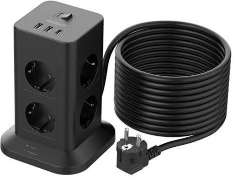 TESSAN - Stekkerdoos - Zwart - 8 Voudige Stekkerdoos met 2 USB A en 1 USB C - 10M - Meervoudige Overspanningsbeveiliging 3600W